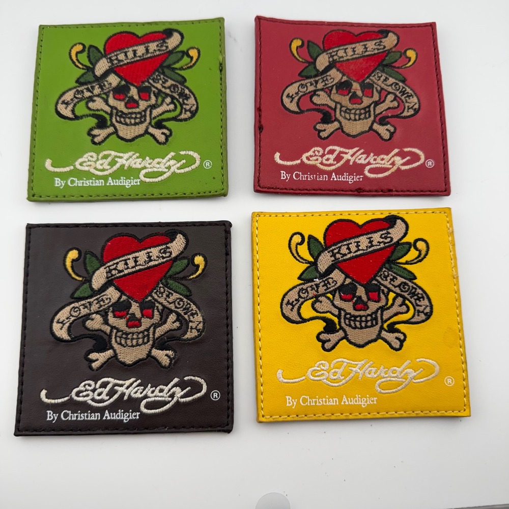 Ed Hardy Leather Coasters Set 4 OS Multi Good Love Kills Slowly Tattoo Art Y2K